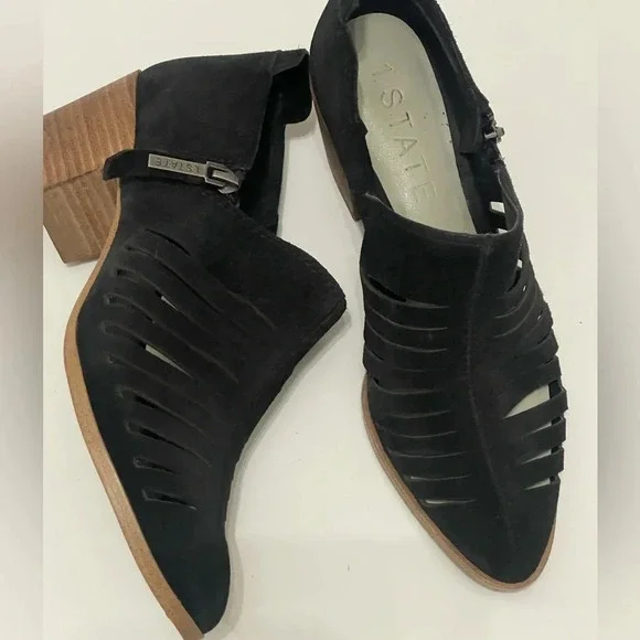 1.State Women's Black Pointed Strappy Ankle Bootie Suede Shoes blocked heel sz 6 - Picture 3 of 16